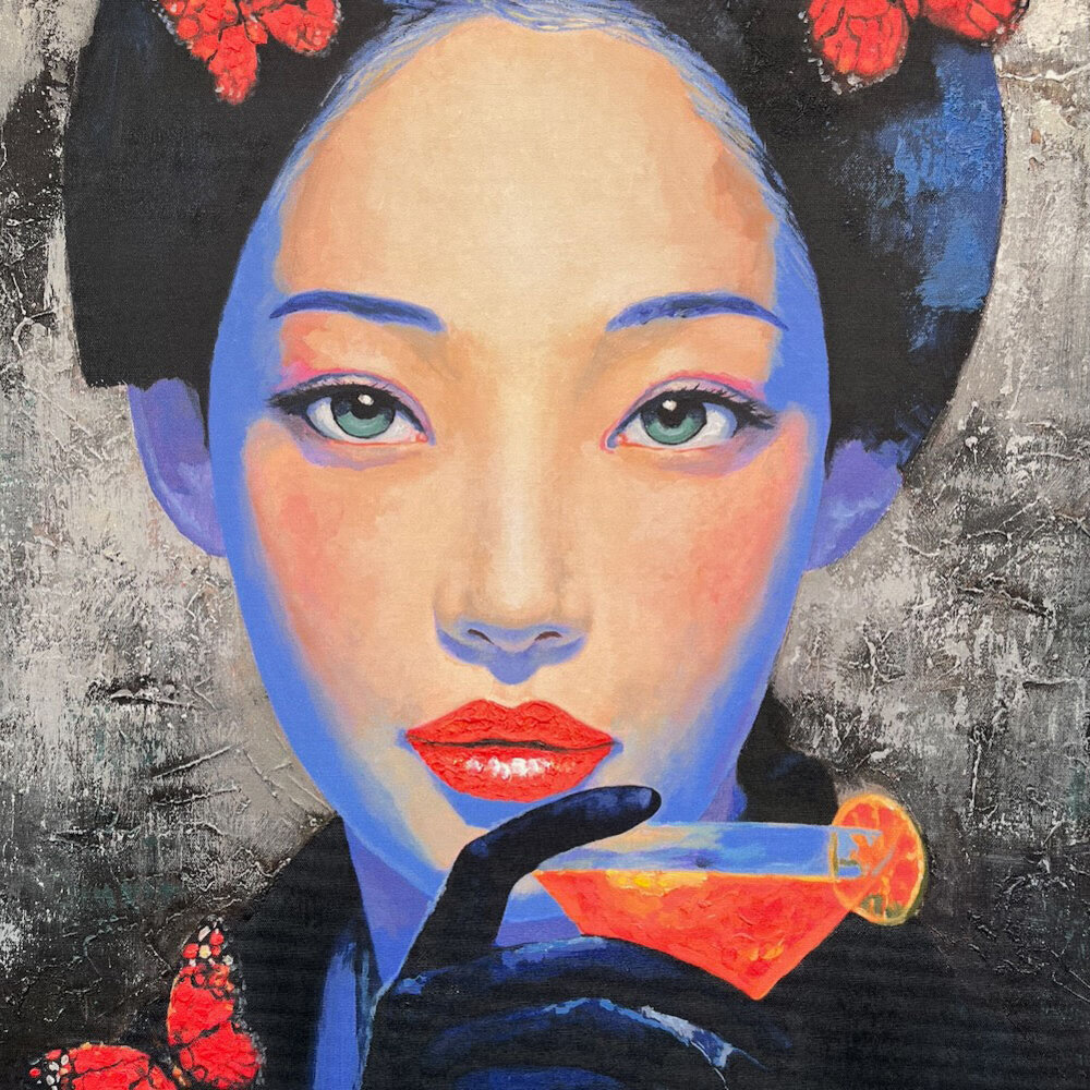 Colmore - Schilderij May Asian Woman Zwart Blauw Acryl 90x120cm Blauwe Sierlijst