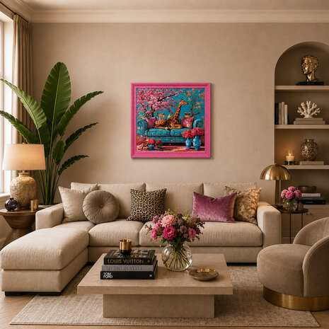 Colmore - Schilderij Henry Giraf Multicolor Acryl 80x80cm Roze Sierlijst