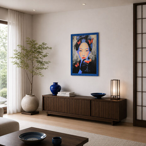 Colmore - Schilderij May Asian Woman Zwart Blauw Acryl 90x120cm Blauwe Sierlijst Colmore - Schilderij May Asian Woman Zwart Blauw Acryl 90x120cm Blauwe Sierlijst