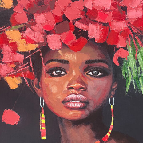 Colmore - Schilderij Audrey African Woman Zwart Rood Acryl 90x120cm in Sierlijst Colmore - Schilderij Audrey African Woman Zwart Rood Acryl 90x120cm in Sierlijst