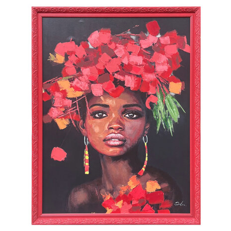 Colmore - Schilderij Audrey African Woman Zwart Rood Acryl 90x120cm in Sierlijst Colmore - Schilderij Audrey African Woman Zwart Rood Acryl 90x120cm in Sierlijst