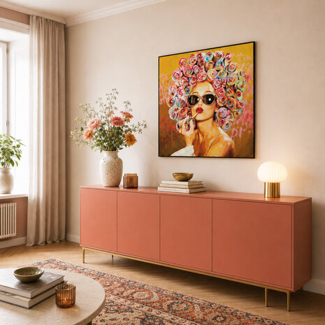 Melting Pot - Kleurrijk Graffiti Schilderij van Vrouw met Bloemen op Canvas 100x100cm met Zwarte Lijst
