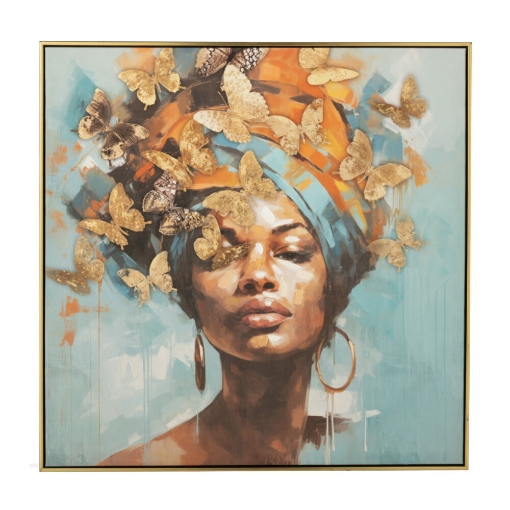 Melting Pot - Schilderij Vrouw met Gouden Vlinders Multicolor Acrylverf op Canvas 83x83cm in Zwart-Gouden Lijst
