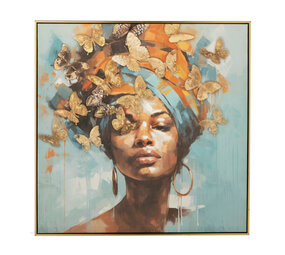 Melting Pot - Schilderij Vrouw met Vlinders Goud Acryl 83x83cm Zwarte Lijst