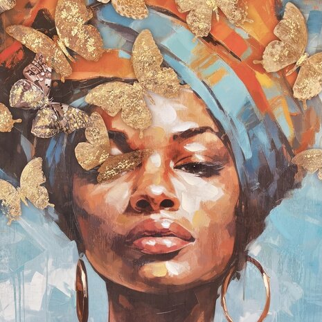 Melting Pot - Schilderij Vrouw met Gouden Vlinders Multicolor Acrylverf op Canvas 83x83cm in Zwart-Gouden Lijst