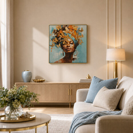 Melting Pot - Schilderij Vrouw met Gouden Vlinders Multicolor Acrylverf op Canvas 83x83cm in Zwart-Gouden Lijst
