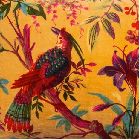Imbarro - Sierkussen Royal Paradise Yellow met Paradijsvogels Velours 50x35cm Imbarro - Sierkussen Royal Paradise Yellow met Paradijsvogels Velours 50x35cm