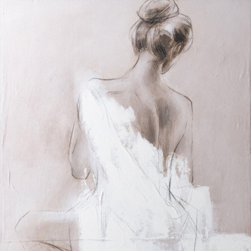 Melting Pot - Schilderij Vrouw Beige Wit Acryl op Canvas 102x152 cm met Zwarte Lijst Melting Pot - Schilderij Vrouw Beige Wit Acryl op Canvas 102x152 cm met Zwarte Lijst