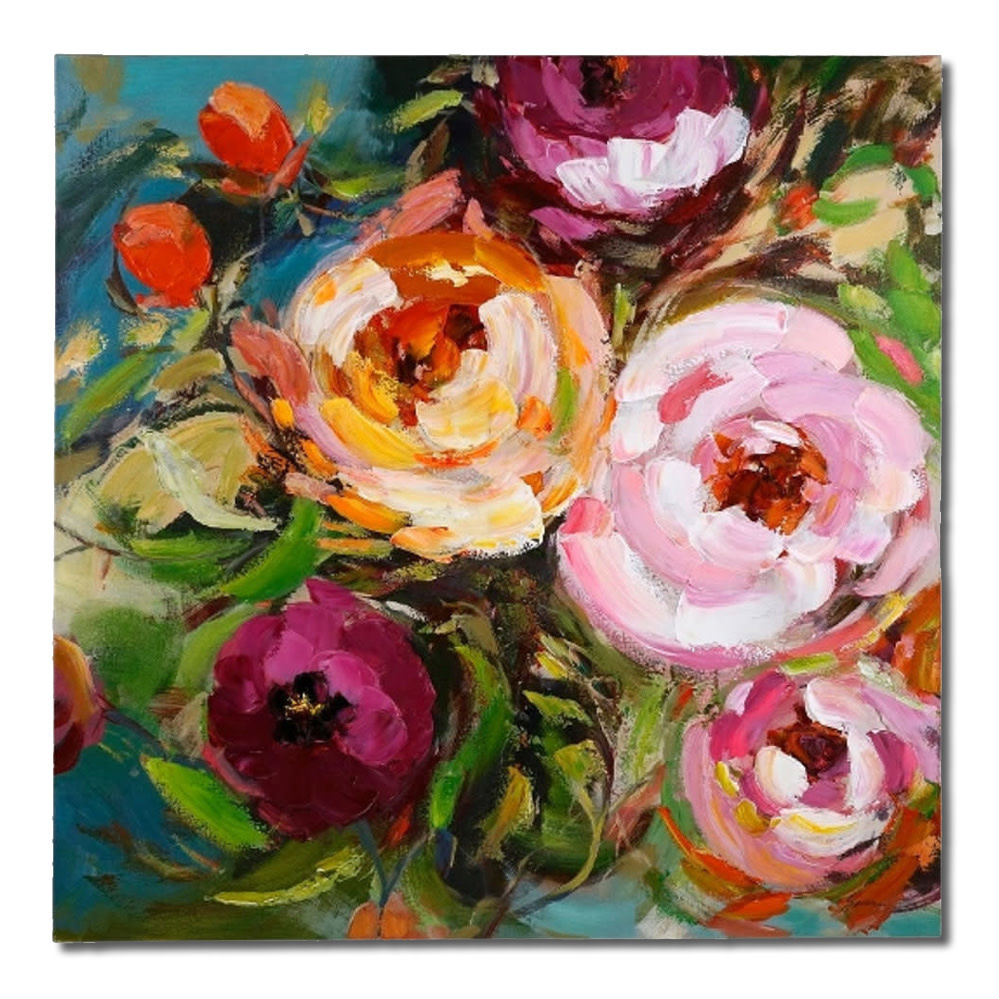 Schilderij Bloemen Roze Multicolor – 100x100cm