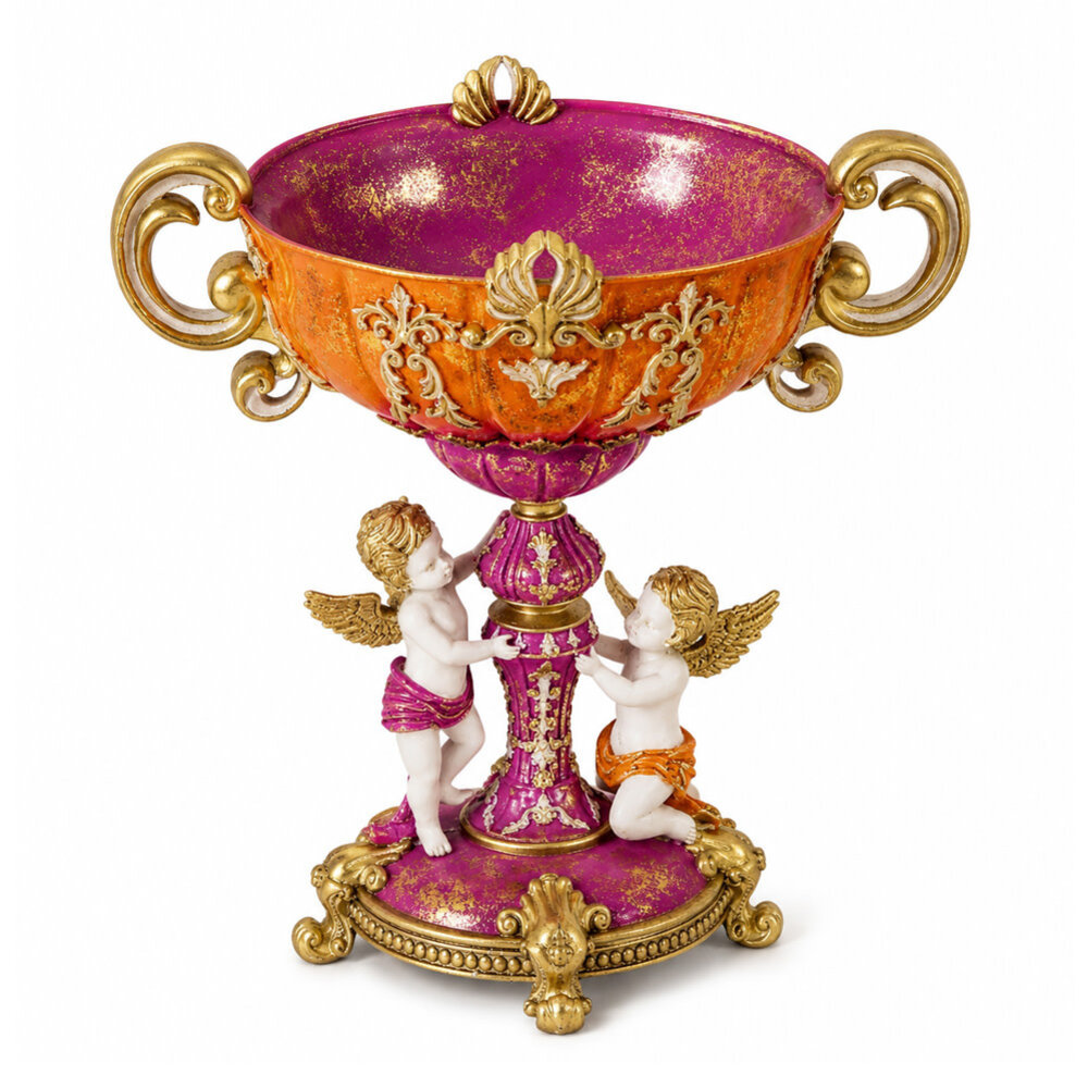 Werns - Decoratieve Schaal met Engeltjes Fuchsia Oranje Goud Polyresin 35x37cm