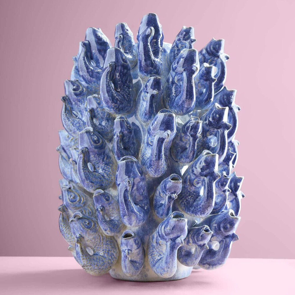 Werns - Vaas Vissen Blauw Keramiek 24x32cm - Handgemaakt