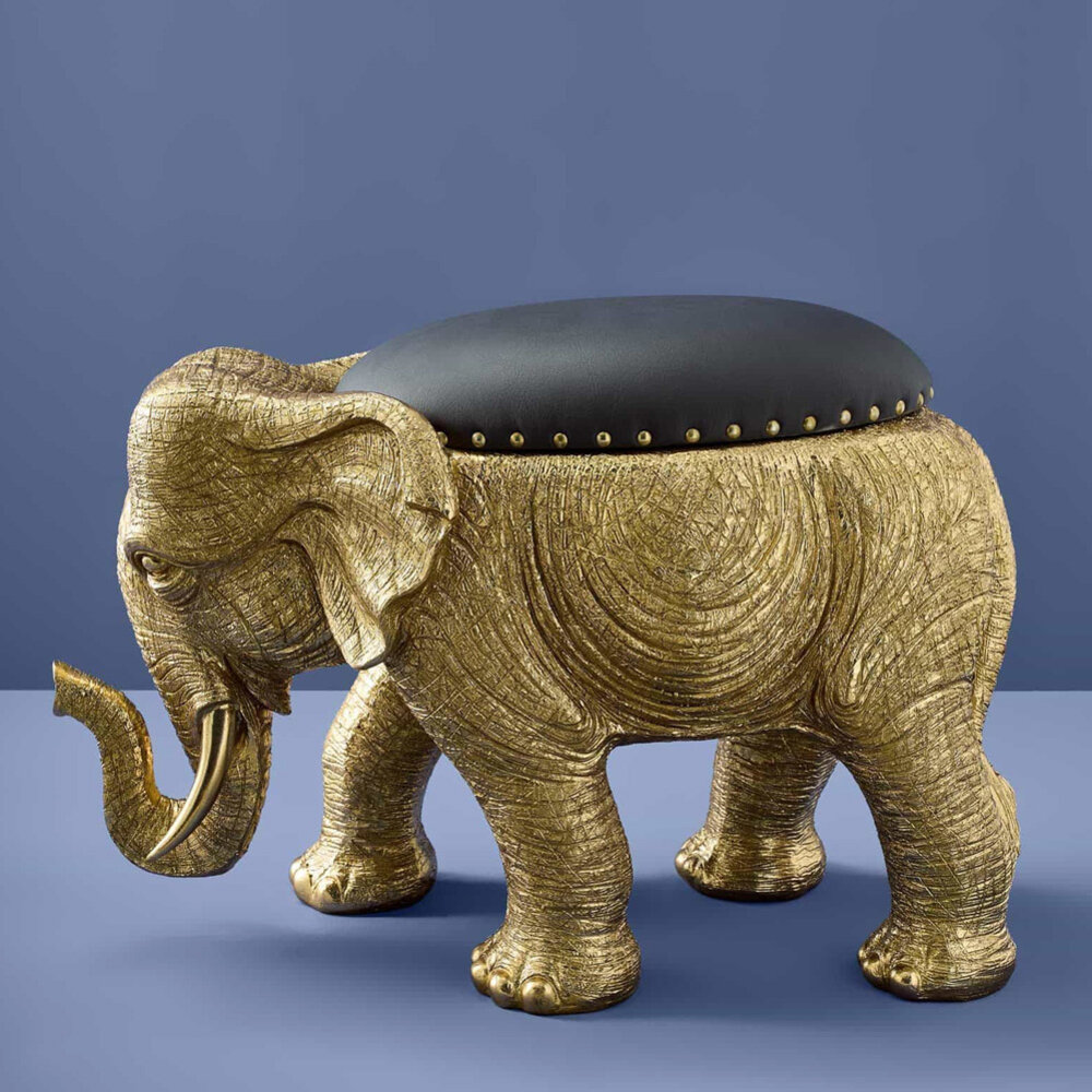 Werns - Stoel & Kruk Olifant Zwart Goud Polyresin 79x50x39cm - Design Zitmeubel