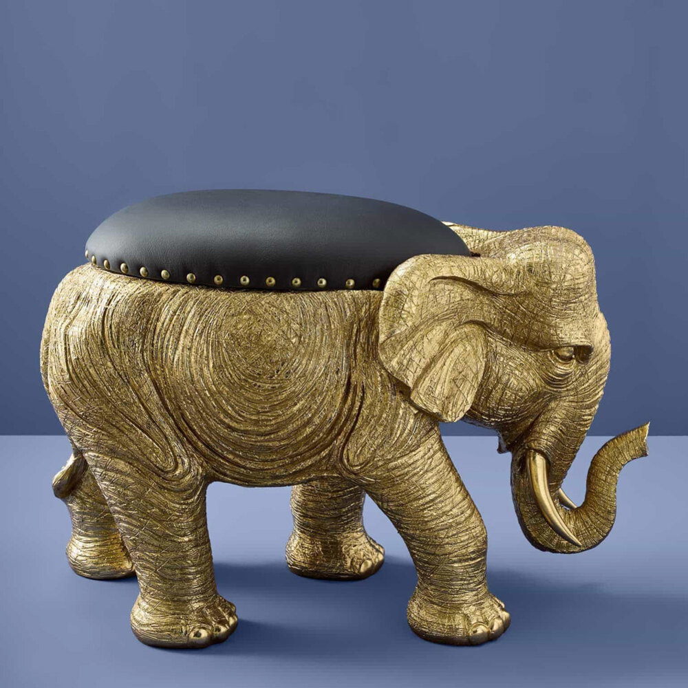 Werns - Stoel & Kruk Olifant Zwart Goud Polyresin 79x50x39cm - Design Zitmeubel
