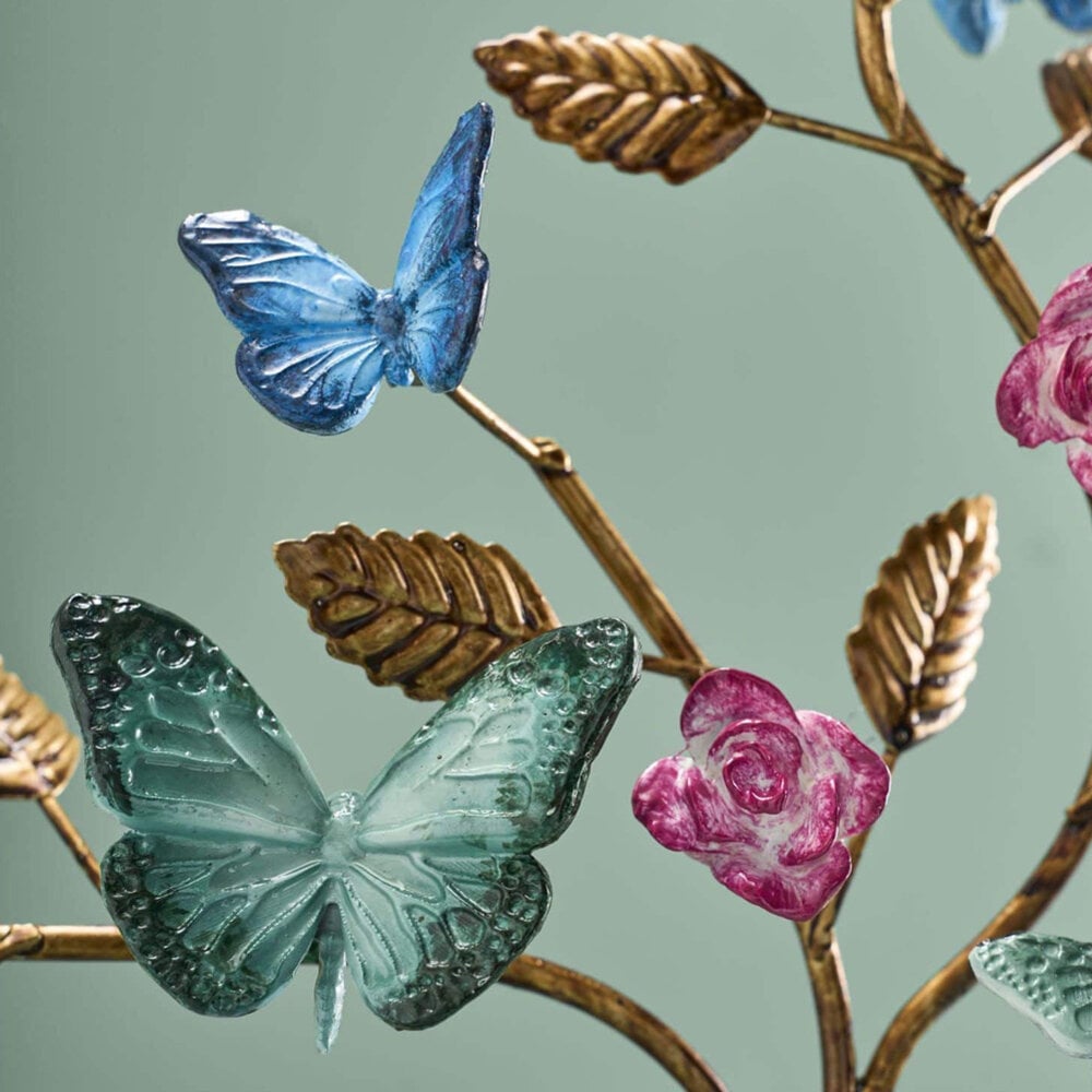 Werns - Kandelaar Vlinders Blauw-Jade-Roze Goud 35x39cm 3-Armen