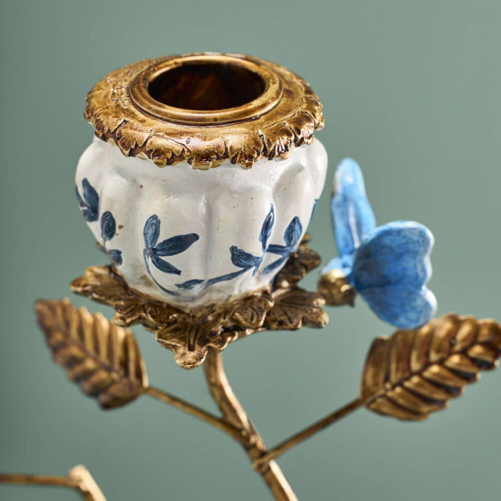 Werns - Kandelaar Vlinders Blauw-Jade-Roze Goud 35x39cm 3-Armen