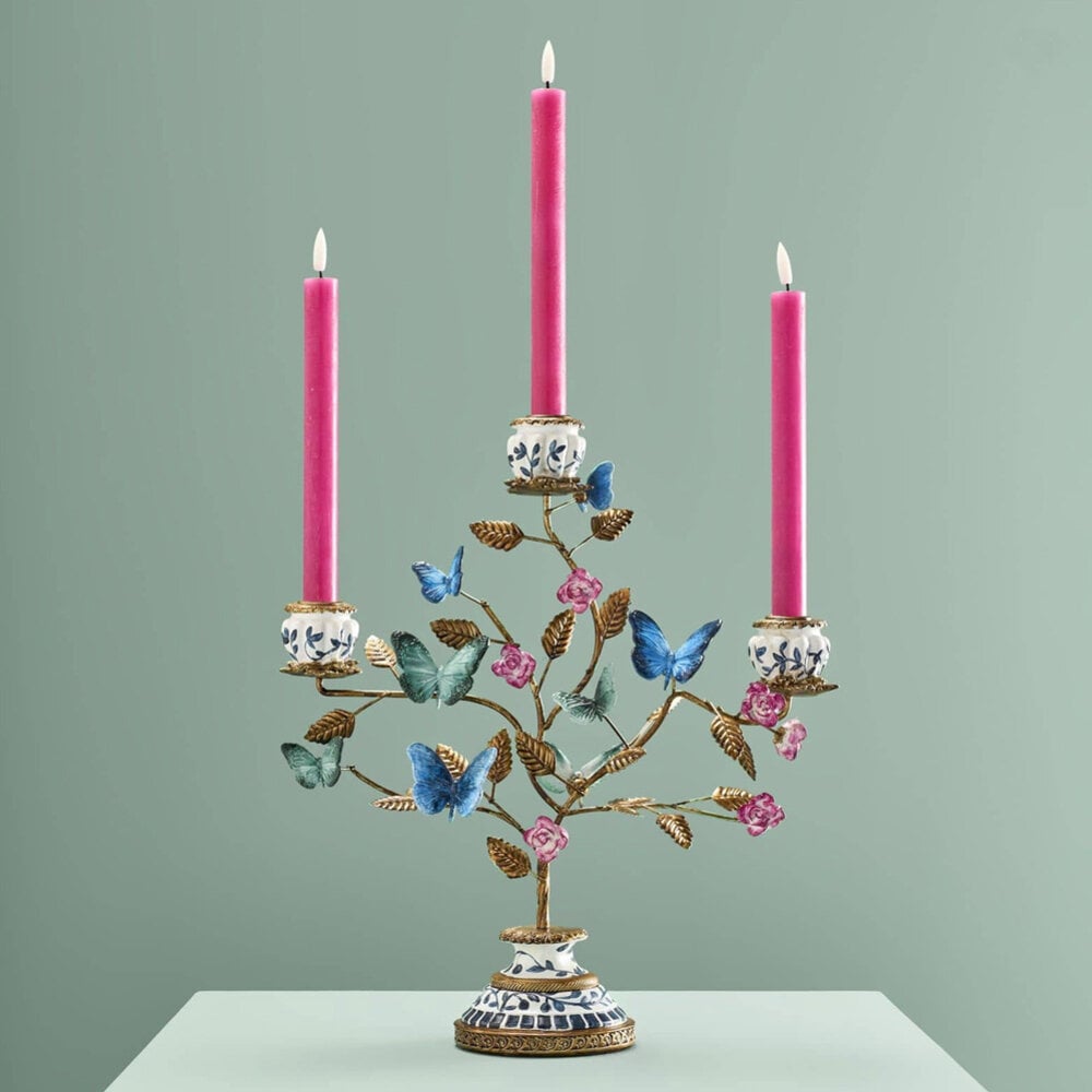 Werns - Kandelaar Vlinders Blauw-Jade-Roze Goud 35x39cm 3-Armen