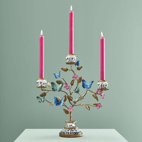 Werns - Kandelaar Vlinders Blauw-Jade-Roze Goud 35x39cm 3-Armen