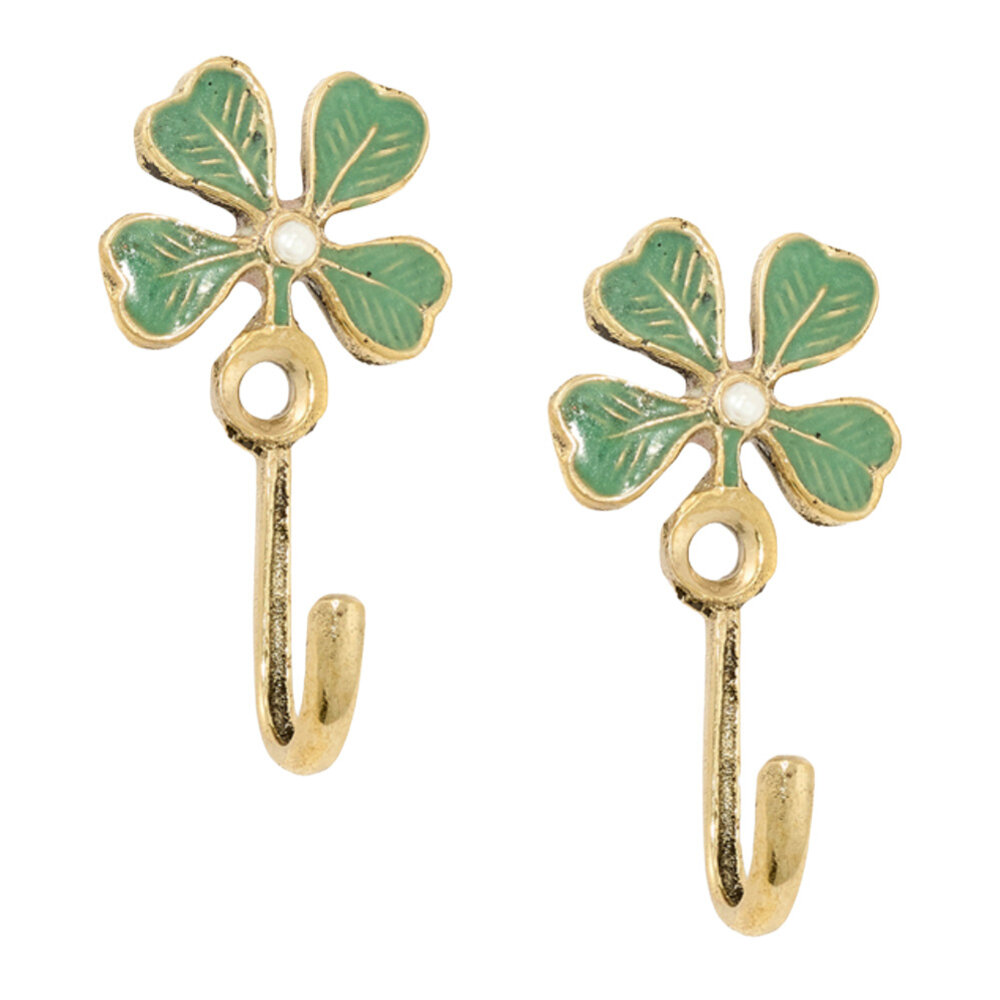 Doing Goods - Wandhaakjes Lucky Clover Groen Emaille & Messing 3x5cm – Set van 2