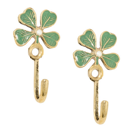 Doing Goods - Wandhaakjes Lucky Clover Groen Emaille & Messing 3x5cm – Set van 2