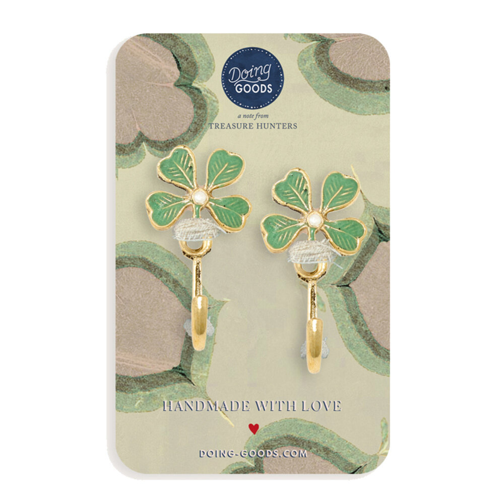Doing Goods - Wandhaakjes Lucky Clover Groen Emaille & Messing 3x5cm – Set van 2