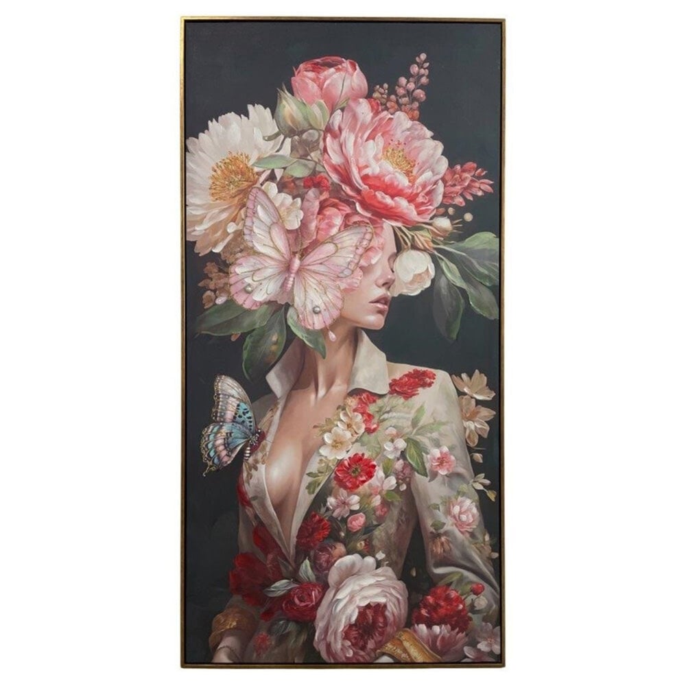 Melting Pot - Schilderij Lady Butterfly met Bloemen & Vlinders Canvas 70x140cm in Bronskleurige Lijst Melting Pot - Schilderij Lady Butterfly met Bloemen & Vlinders Canvas 70x140cm in Bronskleurige Lijst