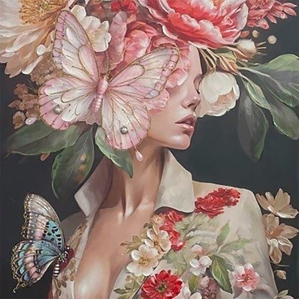 Melting Pot - Schilderij Lady Butterfly met Bloemen & Vlinders Canvas 70x140cm in Bronskleurige Lijst Melting Pot - Schilderij Lady Butterfly met Bloemen & Vlinders Canvas 70x140cm in Bronskleurige Lijst