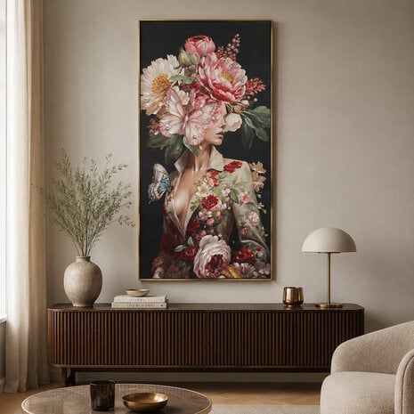 Melting Pot - Schilderij Lady Butterfly met Bloemen & Vlinders Canvas 70x140cm in Bronskleurige Lijst Melting Pot - Schilderij Lady Butterfly met Bloemen & Vlinders Canvas 70x140cm in Bronskleurige Lijst