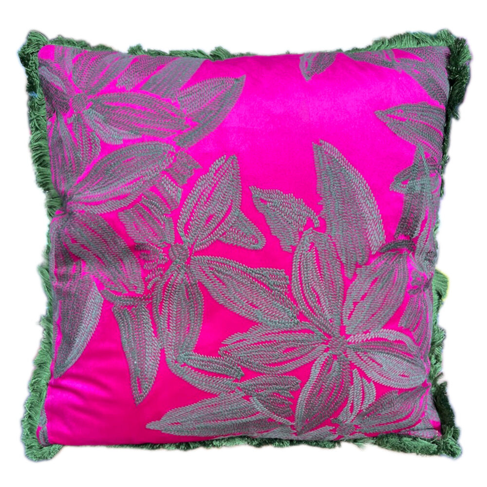 Colmore - Sierkussen Leaves Fuchsia Groen Fluweel 50x50cm Geborduurd met Franjes