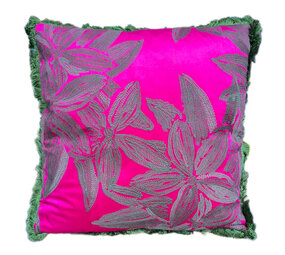 Colmore - Sierkussen Leaves Fuchsia Groen Fluweel 50x50cm met Franjes