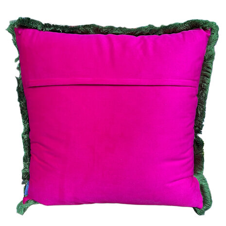 Colmore - Sierkussen Leaves Fuchsia Groen Fluweel 50x50cm Geborduurd met Franjes
