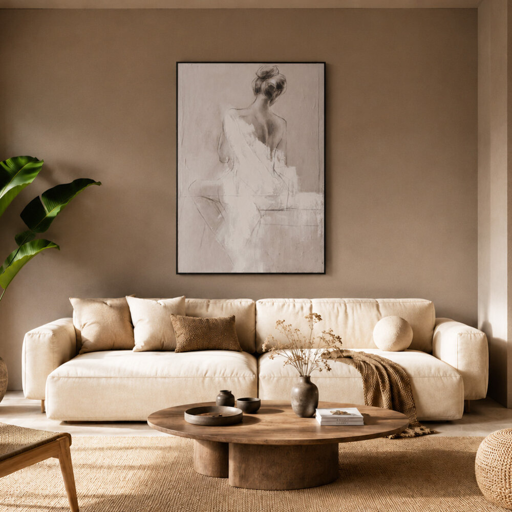 Melting Pot - Schilderij Vrouw Beige Wit Acryl op Canvas 102x152 cm met Zwarte Lijst Melting Pot - Schilderij Vrouw Beige Wit Acryl op Canvas 102x152 cm met Zwarte Lijst