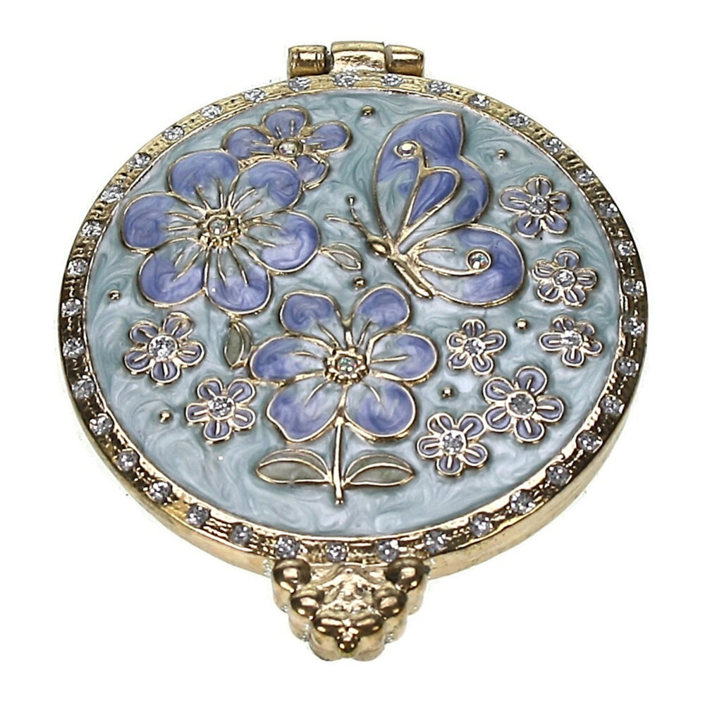 Melting Pot - Sieradendoosje met Spiegel Blauw Goud Metaal Bloemen & Vlinder 5x2cm Melting Pot - Sieradendoosje met Spiegel Blauw Goud Metaal Bloemen & Vlinder 5x2cm