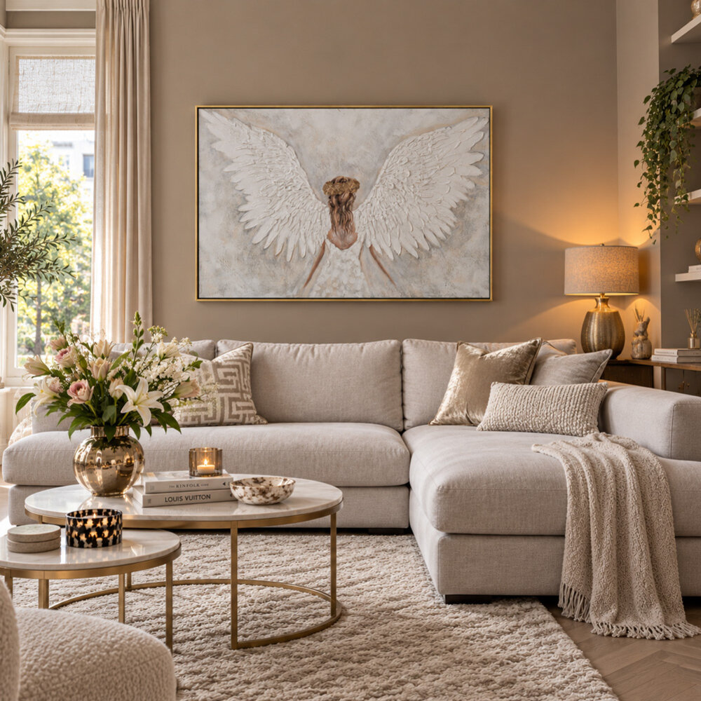 Melting Pot - Schilderij Engel met Vleugels Wit Goud Acryl op Canvas 122x82cm in Gouden Lijst Melting Pot - Schilderij Engel met Vleugels Wit Goud Acryl op Canvas 122x82cm in Gouden Lijst