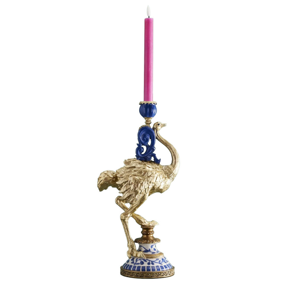 Melting Pot - Kandelaar Struisvogel Franz Josef Blauw Goud Handbeschilderd 20x14x41cm