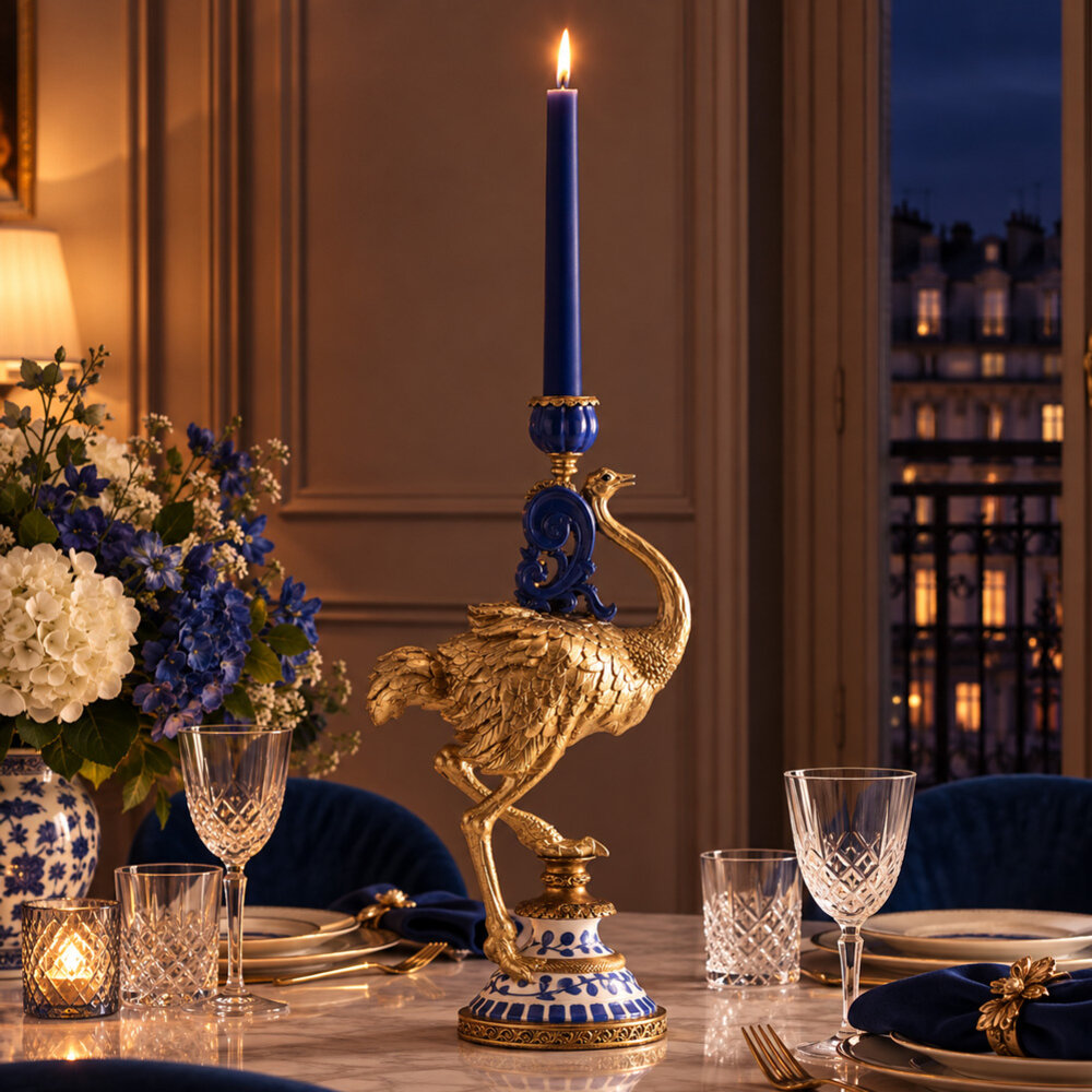 Melting Pot - Kandelaar Struisvogel Franz Josef Blauw Goud Handbeschilderd 20x14x41cm