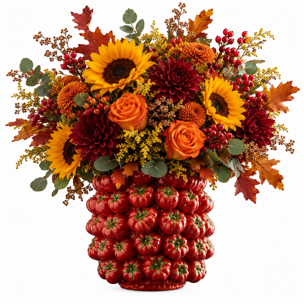 Werns - Vaas Tomaten Rood Groen Keramiek 34x33cm handgemaakt Werns - Vaas Tomaten Rood Groen Keramiek 34x33cm handgemaakt