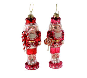 Werns - Kerstbal Set Notenkrakers Roze en Rood Glas 5x15cm