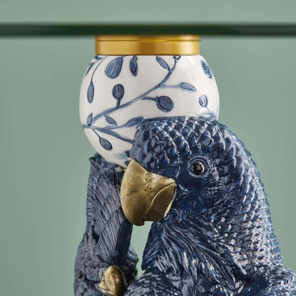 Werns - Bijzettafel Blauwe Papegaaien met Glazen Tafelblad 40x51cm Werns - Bijzettafel Blauwe Papegaaien met Glazen Tafelblad 40x51cm