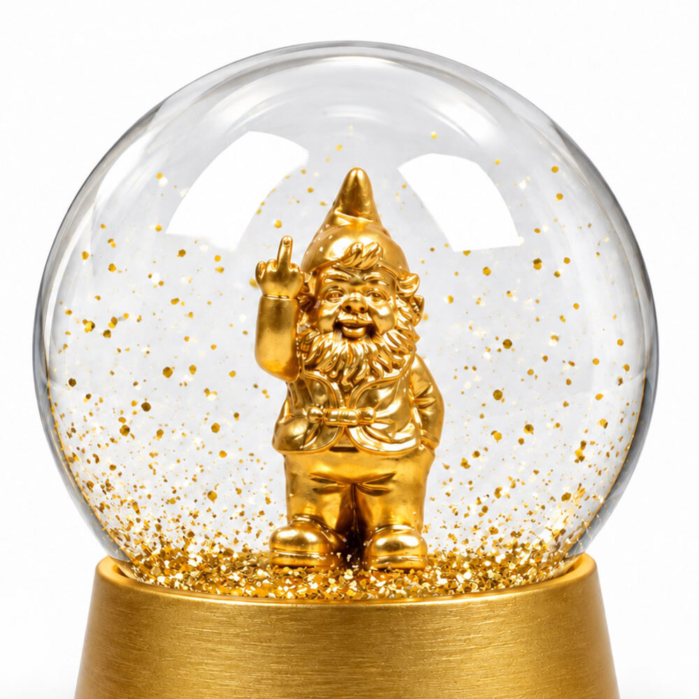 Stoobz Design Sneeuwbol Kabouter F*ck You Goud 10x12cm – Glazen Schuddebol met Gouden Glitters