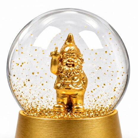 Stoobz Design Sneeuwbol Kabouter F*ck You Goud 10x12cm – Glazen Schuddebol met Gouden Glitters