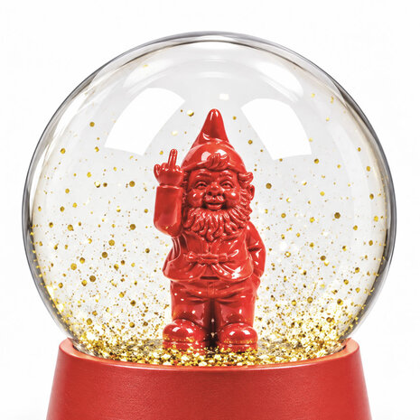 Stoobz Design Sneeuwbol Kabouter F*ck You Rood 10x12cm – Grappige Schuddebol met Gouden Glitters