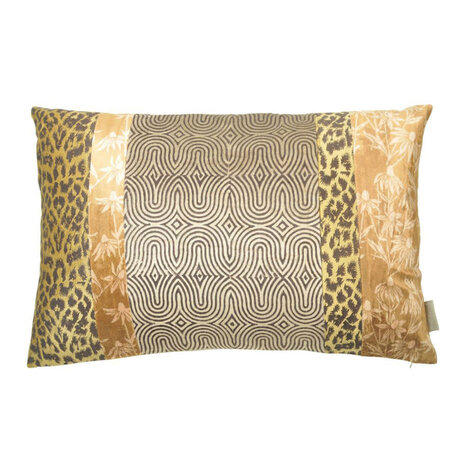 Melting Pot - Sierkussen Zoo Patch Beige Goud 60x40cm – Luxe Fluwelen Patchwork Kussen met Dierenprint en Bloemen