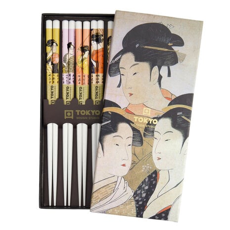 Tokyo Design Studio - Eetstokjes Set Geisha Wit Hout 22cm - 5 Paar Japanse Chopsticks met Geishamotieven in Luxe Cadeaudoos Tokyo Design Studio - Eetstokjes Set Geisha Wit Hout 22cm - 5 Paar Japanse Chopsticks met Geishamotieven in Luxe Cadeaudoos