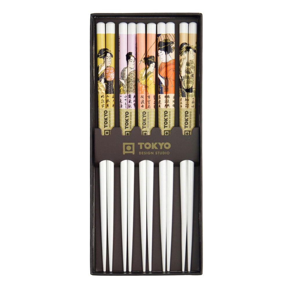 Tokyo Design Studio - Eetstokjes Set Geisha Wit Hout 22cm - 5 Paar Japanse Chopsticks met Geishamotieven in Luxe Cadeaudoos Tokyo Design Studio - Eetstokjes Set Geisha Wit Hout 22cm - 5 Paar Japanse Chopsticks met Geishamotieven in Luxe Cadeaudoos