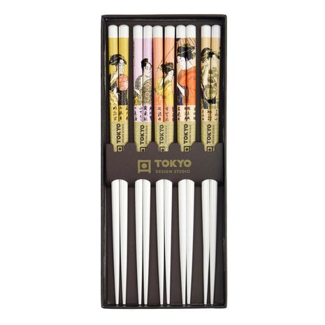 Tokyo Design Studio - Eetstokjes Set Geisha Wit Hout 22cm - 5 Paar Japanse Chopsticks met Geishamotieven in Luxe Cadeaudoos Tokyo Design Studio - Eetstokjes Set Geisha Wit Hout 22cm - 5 Paar Japanse Chopsticks met Geishamotieven in Luxe Cadeaudoos