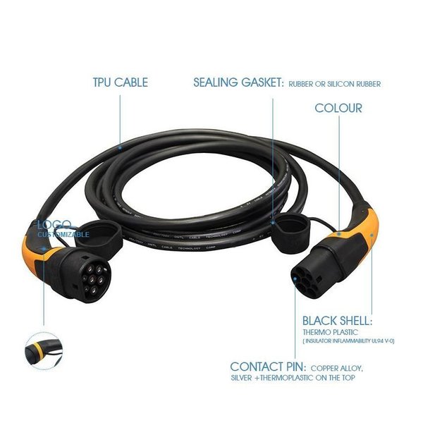 EV charging cable, Type 2 (station) to Type 2 (car),16A,3 phase,10