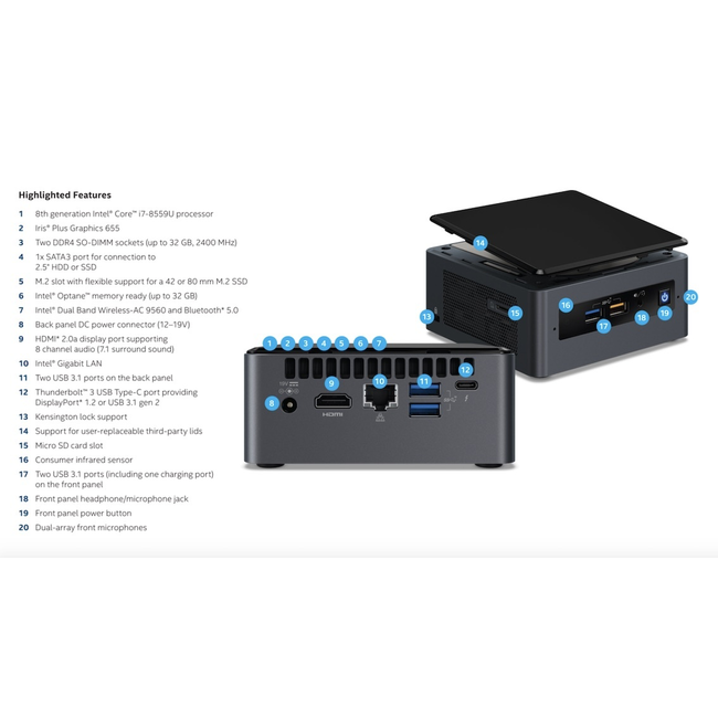 Intel NUC mini PC KIT NUC8i7BEK/BOXNUC8i7BEK met Intel® Core™ i7-8559U Processor - Copy