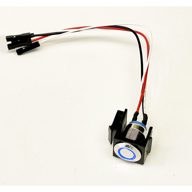 Snap-in momentary push button switch with a blue LED ring 3-9V