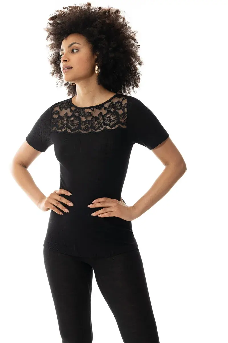 Mey Wollen Thermoshirt korte mouw dames - Kant - Wool Love - Luxe en chique thermo ondershirt Mey Wollen Thermoshirt korte mouw dames - Kant - Wool Love - Luxe en chique thermo ondershirt