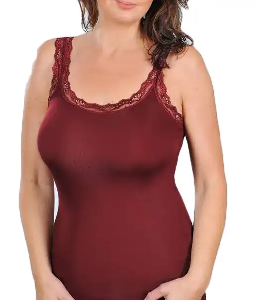 Toker Dames Hemd kant, breed bandje, modal 211/1 - Modal dames onderhemd - Kanten bandjes singlet - Zwart - Bordeaux - Champagne